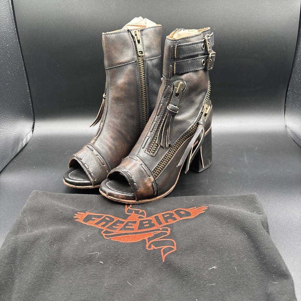 Freebird Zombi Leather Ankle Bootie Women's 7 Brown Zip Buckle Fringe Round Toe